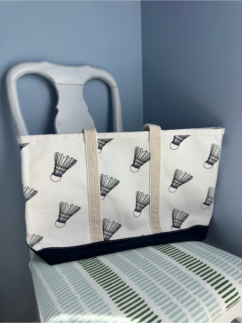 Crab & Cleek Canvas Print Tote Bag In White With Navy Badminton View 2